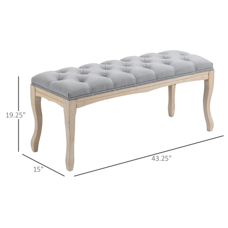 HOMCOM 43" Upholstered Entryway Bench, Linen Fabric Ottoman Stool with Button Tufted Seat, and Rubber Wood Legs for Living Room, Bedroom, or Hallway, Gray