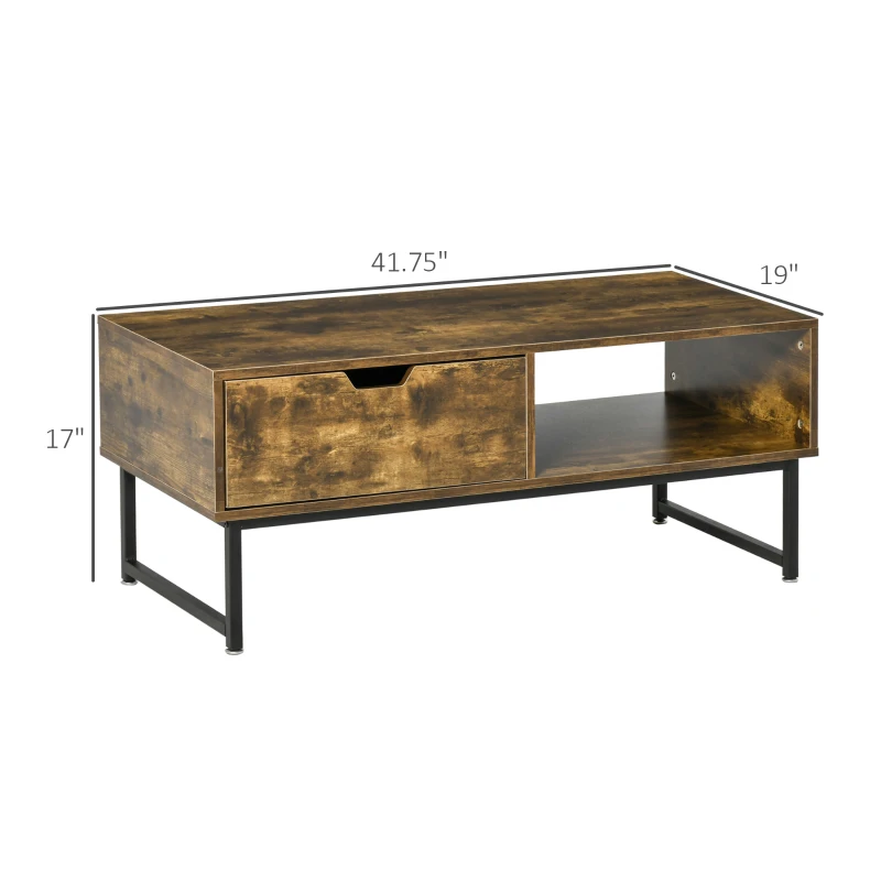 HOMCOM Industrial Coffee Table, Center Table with Drawer and Open Storage Compartment, Steel Legs, for Living Room, Rustic Brown
