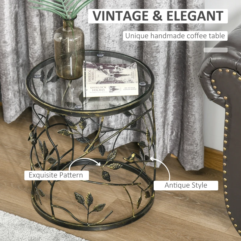 HOMCOM Tempered Glass Coffee Table Accent Side End Table with Vintage Style, Steel Frame for Living Room, Bedroom, Study, No Assembly Required, Bronze