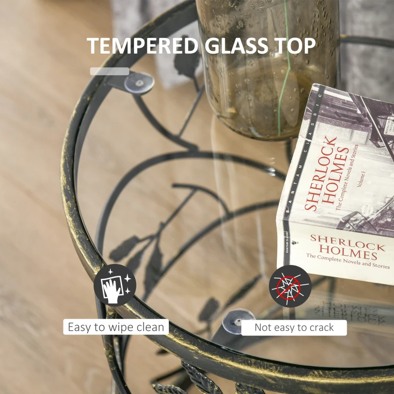 HOMCOM Tempered Glass Coffee Table Accent Side End Table with Vintage Style, Steel Frame for Living Room, Bedroom, Study, No Assembly Required, Bronze