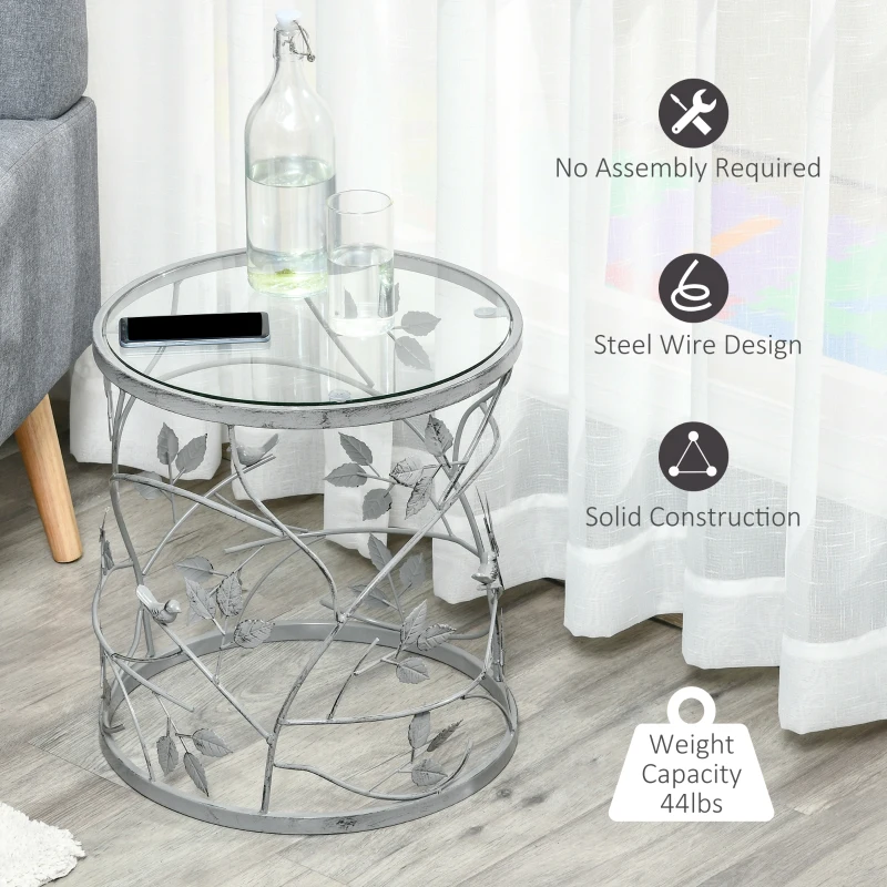 HOMCOM Tempered Glass Coffee Table Accent Side End Table with Vintage Style, Steel Frame for Living Room, Bedroom, Study, No Assembly Required, Grey