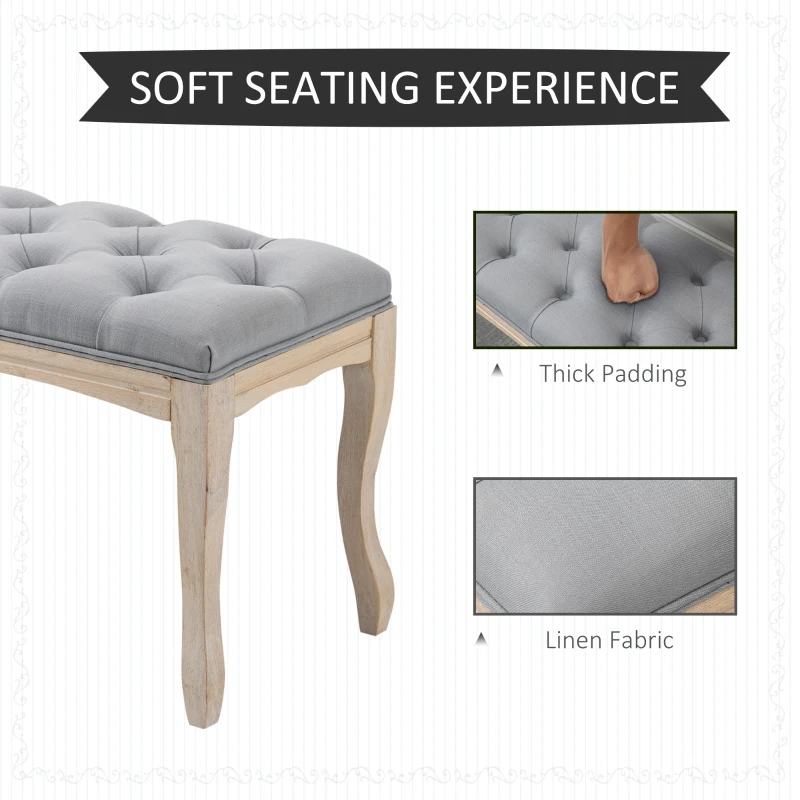 HOMCOM 43" Upholstered Entryway Bench, Linen Fabric Ottoman Stool with Button Tufted Seat, and Rubber Wood Legs for Living Room, Bedroom, or Hallway, Gray