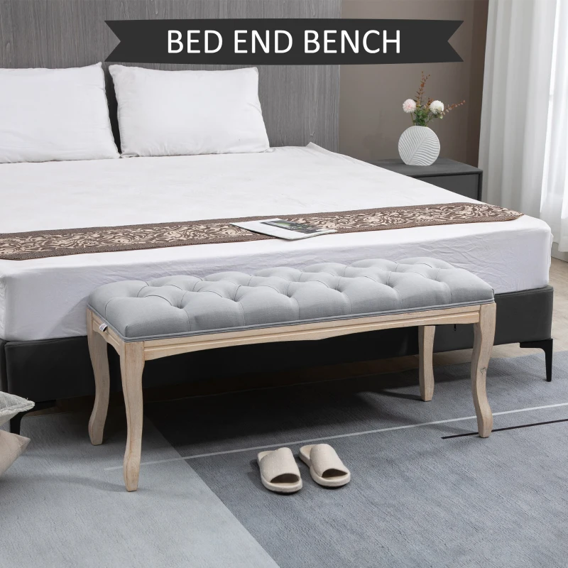 HOMCOM 43" Upholstered Entryway Bench, Linen Fabric Ottoman Stool with Button Tufted Seat, and Rubber Wood Legs for Living Room, Bedroom, or Hallway, Gray