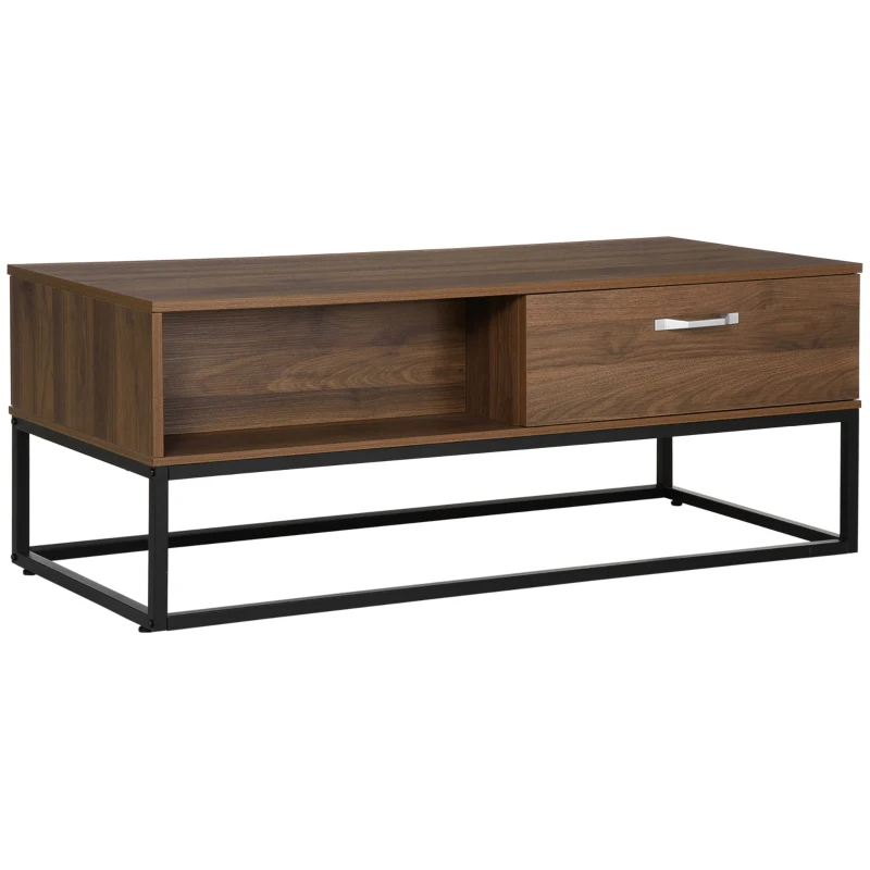 HOMCOM Industrial Coffee Table with Storage Shelves, Drawers, Rectangular Accent Cocktail Table for Living Room, Brown