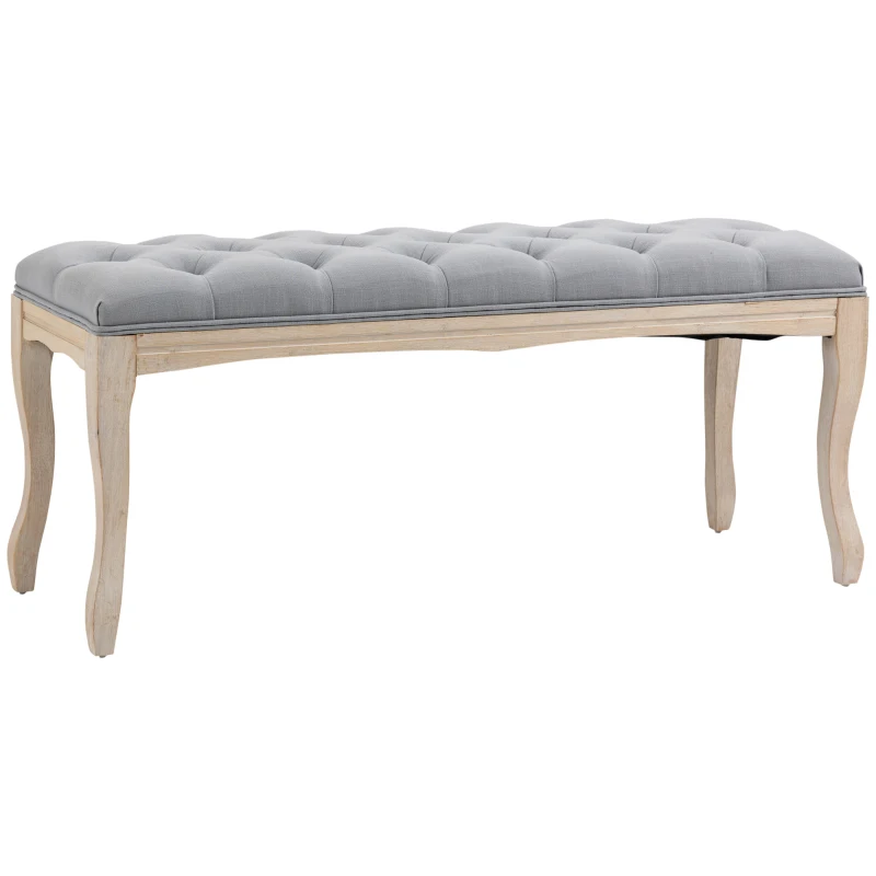 HOMCOM 43" Upholstered Entryway Bench, Linen Fabric Ottoman Stool with Button Tufted Seat, and Rubber Wood Legs for Living Room, Bedroom, or Hallway, Gray