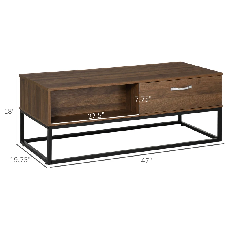 HOMCOM Industrial Coffee Table with Storage Shelves, Drawers, Rectangular Accent Cocktail Table for Living Room, Brown