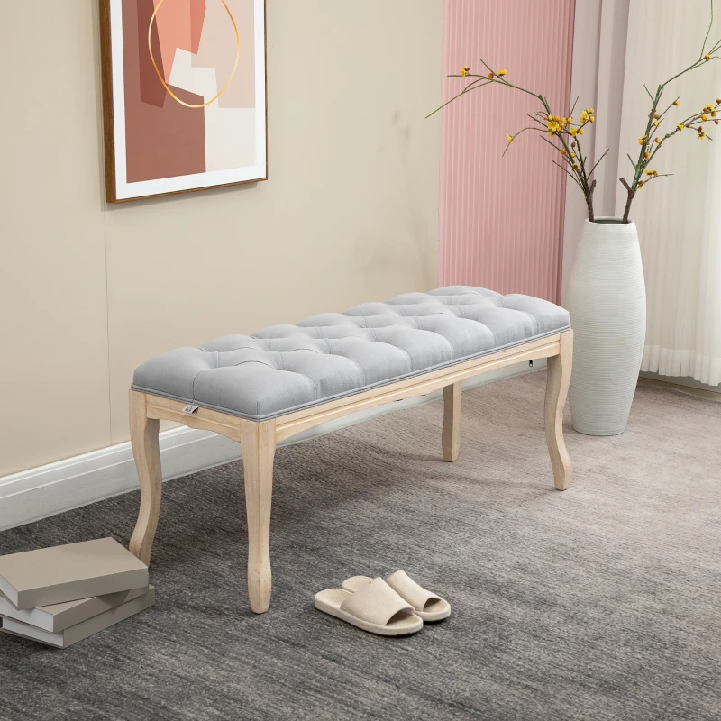 HOMCOM 43" Upholstered Entryway Bench, Linen Fabric Ottoman Stool with Button Tufted Seat, and Rubber Wood Legs for Living Room, Bedroom, or Hallway, Gray