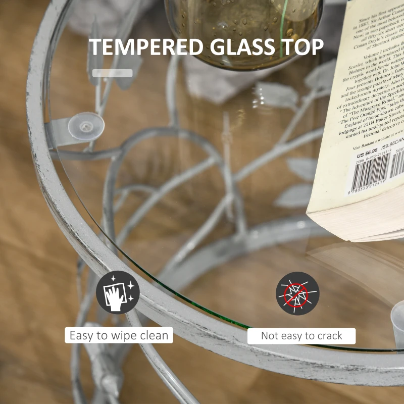 HOMCOM Tempered Glass Coffee Table Accent Side End Table with Vintage Style, Steel Frame for Living Room, Bedroom, Study, No Assembly Required, Grey