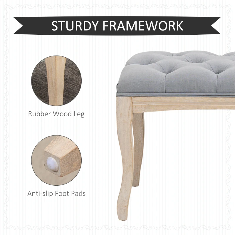 HOMCOM 43" Upholstered Entryway Bench, Linen Fabric Ottoman Stool with Button Tufted Seat, and Rubber Wood Legs for Living Room, Bedroom, or Hallway, Gray