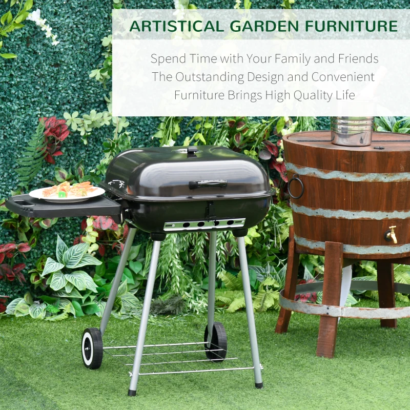 Outsunny 22" Charcoal Barbecue Grill with Portable Wheel, Side Tray and Lower Shelf for Outdoor BBQ for Garden, Backyard, Poolside