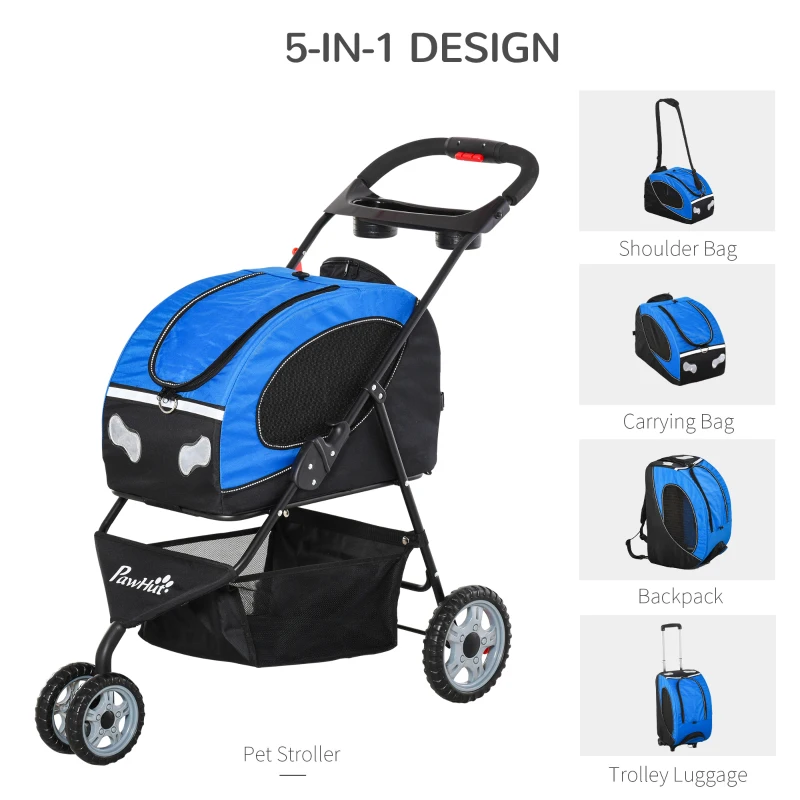 PawHut Foldable Pet Stroller, 5-In-1 Dog Cat Travel Carriage, Carrying Shoulder, Bag Backpack, Stroller, Luggage with Universal Wheel, Canopy, Basket, Cup Holder, Blue