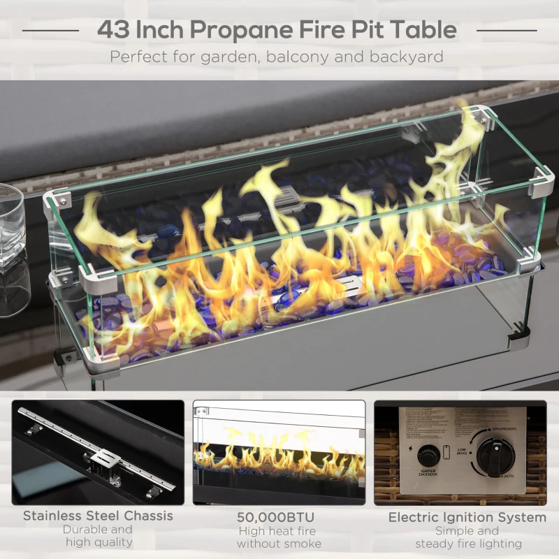 Outsunny Outdoor Propane Fire Pit Table, 43in, 50,000 BTU, Auto-Ignition, Wicker with Glass Wind Guard, CSA Certified, Brown