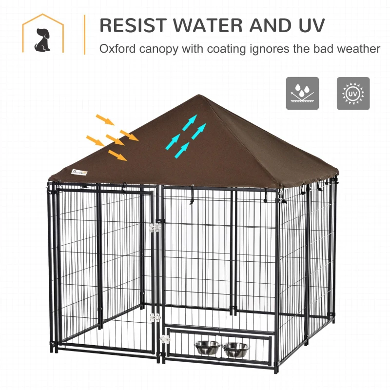 PawHut Outdoor Dog Kennel, Puppy Play Pen with Canopy Garden Playpen Fence Crate, Enclosure Cage w/ Rotating Bowl, 55.5" x 55.5" x 48", Black