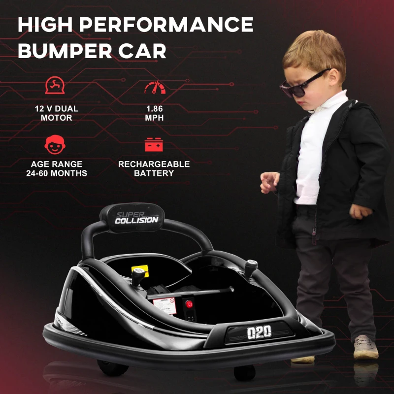 Aosom 12V Kids Bumper Car Twins Motor with Parent Remote Control, Safety Belt, Lights, 360° Rotation, Black