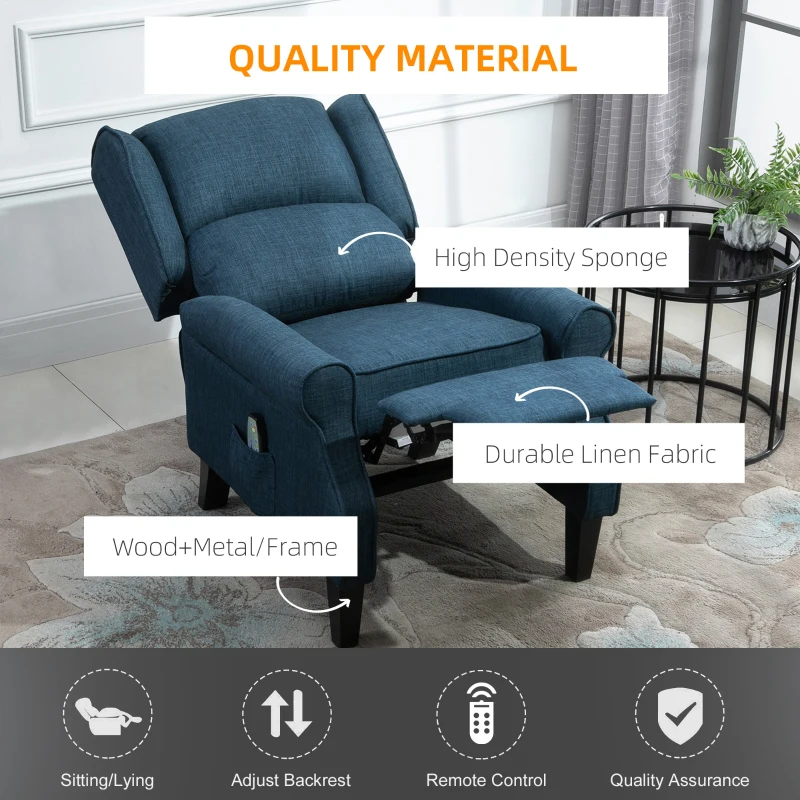 HOMCOM Wingback Heated Vibrating Accent Sofa, Vintage Upholstered Massage Recliner Chair Push-back with Remote Controller, Blue