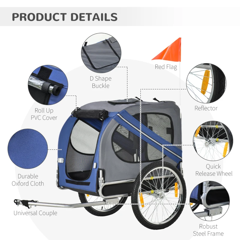 Aosom Bike Trailer Cargo Cart for Dogs and Pets with 3 Entrances Large Wheels for Off-Road & Mesh Screen, Blue/Gray