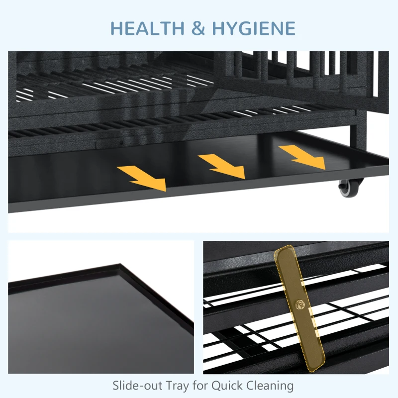 PawHut 36" Heavy Duty Dog Crate Metal Cage Kennel with Lockable Wheels, Double Door and Removable Tray, Grey