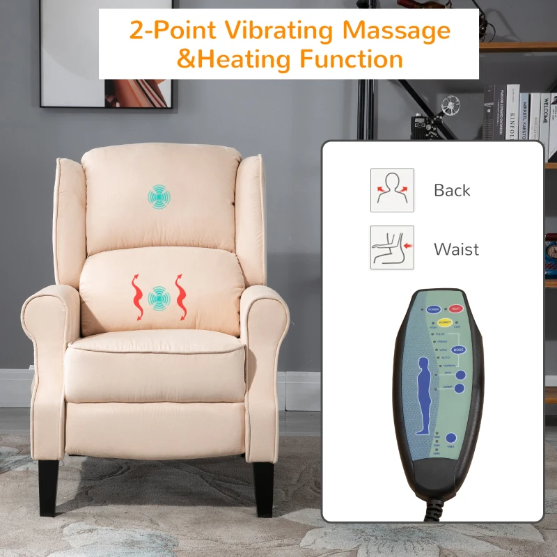 HOMCOM Vibration Massage Recliner Chair for Living Room with Heat,  Wingback Single Sofa, Modern Suede Fabric Push Back Reclining Chair with Footrest, Side Pocket, Beige