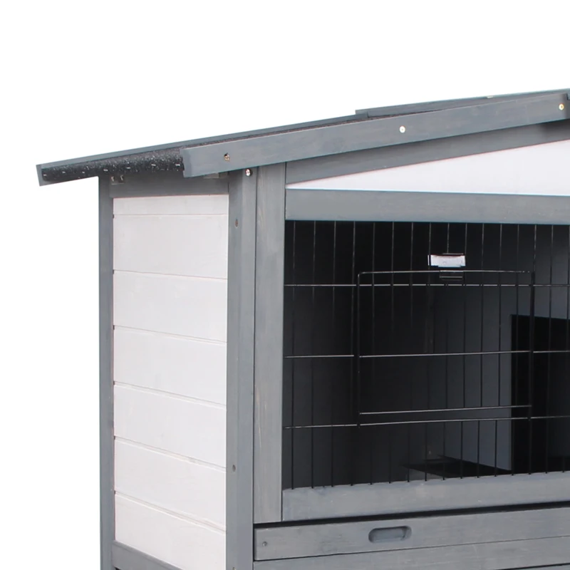 PawHut Wooden 2 Story Rabbit Hutch Bunny Cage with Slide-Out Run, Openable Roof, Lockable Doors, Ramp and No Leak Tray for Outdoor, Grey, and White