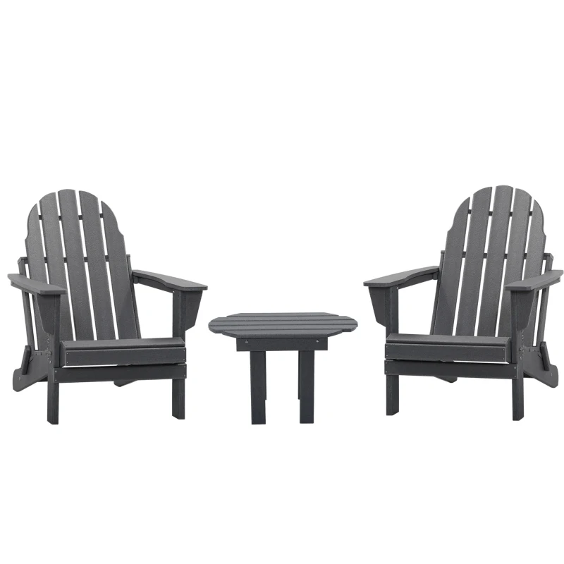 Outsunny 3 Piece Adirondack Chair Set of 2, HDPE Folding Fire Pit Chairs and Patio Side Table, Outdoor Furniture with Slatted Seat, High Backrest, Armrests, Dark Gray