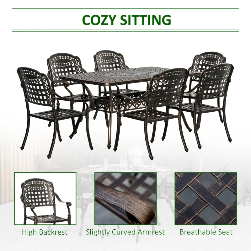 Outsunny 7-Piece Patio Dining Set, Cast Aluminum Outdoor Furniture Set with 6 Armchairs, 1 Table and Umbrella Hole, Bronze