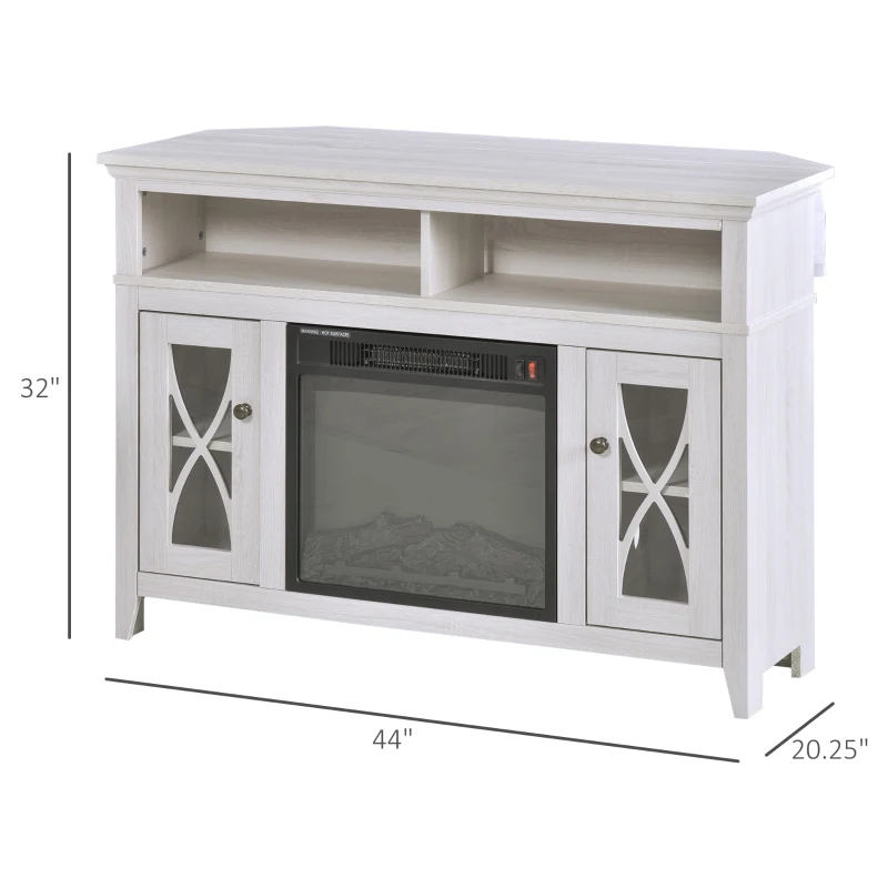 HOMCOM Electric Fireplace TV Stand for 50", Media Console Center Cabinet with 2 Shelves and 2 Cabinets with Adjustable Shelves for Corner, Distressed White