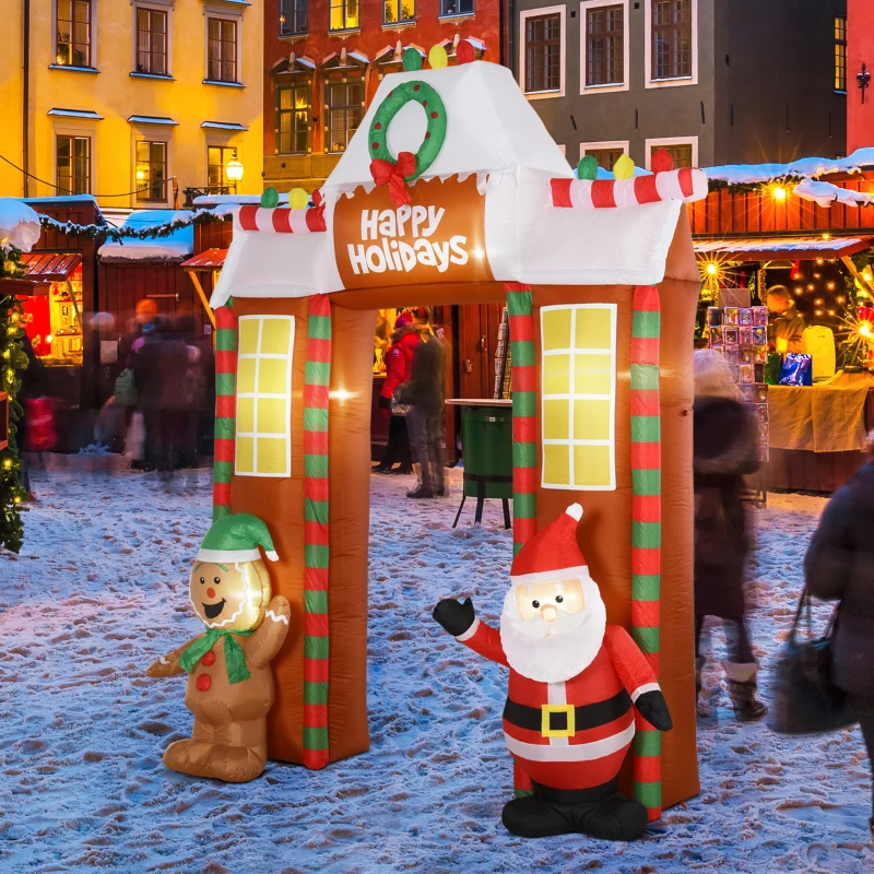HOMCOM 9' Christmas Inflatables Outdoor Decorations Gingerbread House Archway, "Happy Holidays", Santa & Gingerbread Man, Blow-Up Yard Christmas Decor LED Light Display
