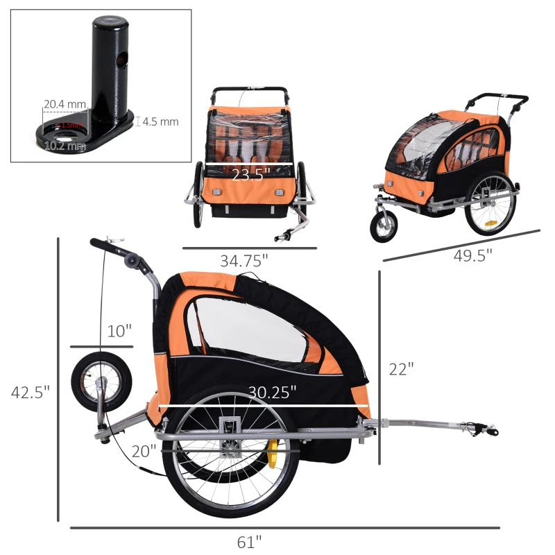 Aosom 2-Seat Kids Bicycle Trailer 55lbs Steel w/ Water Resistant Carrier Windows - Black and Orange