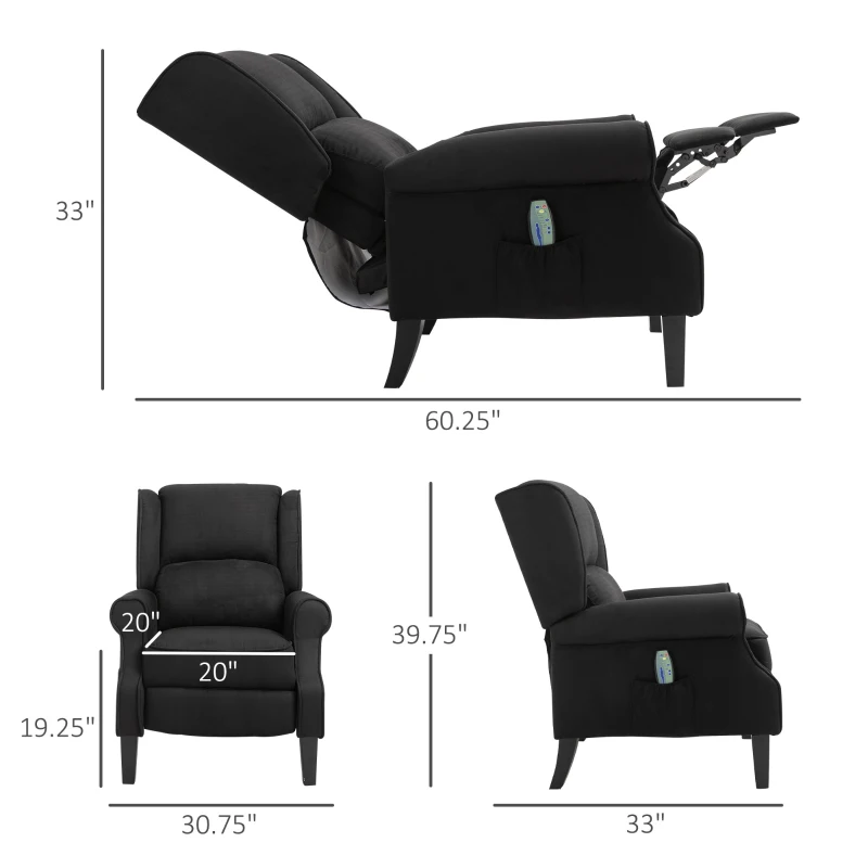 HOMCOM Vibration Massage Recliner Chair for Living Room with Heat,  Wingback Single Sofa, Modern Suede Fabric Push Back Reclining Chair with Footrest, Side Pocket, Black