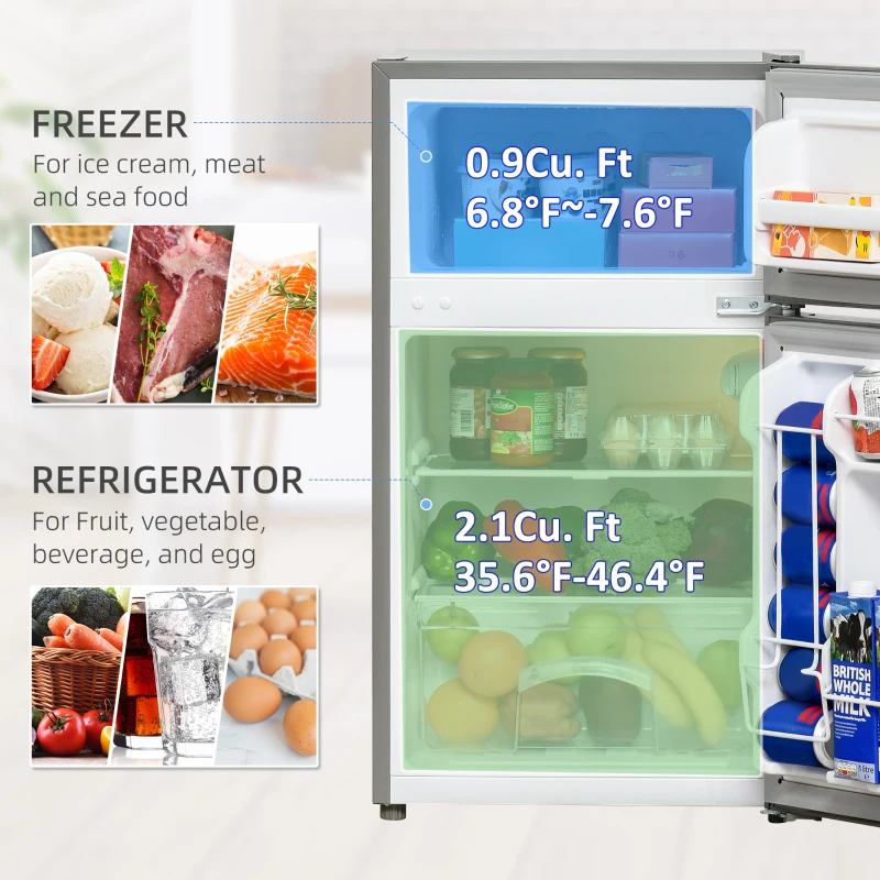 HOMCOM Mini Fridge with Freezer Compact Refrigerator 3 Cu Ft with 2 Doors Adjustable Temperature Removable Glass Shelves and Reversible Door for Office Motor Home Dormitory Apartment Bedroom Silver