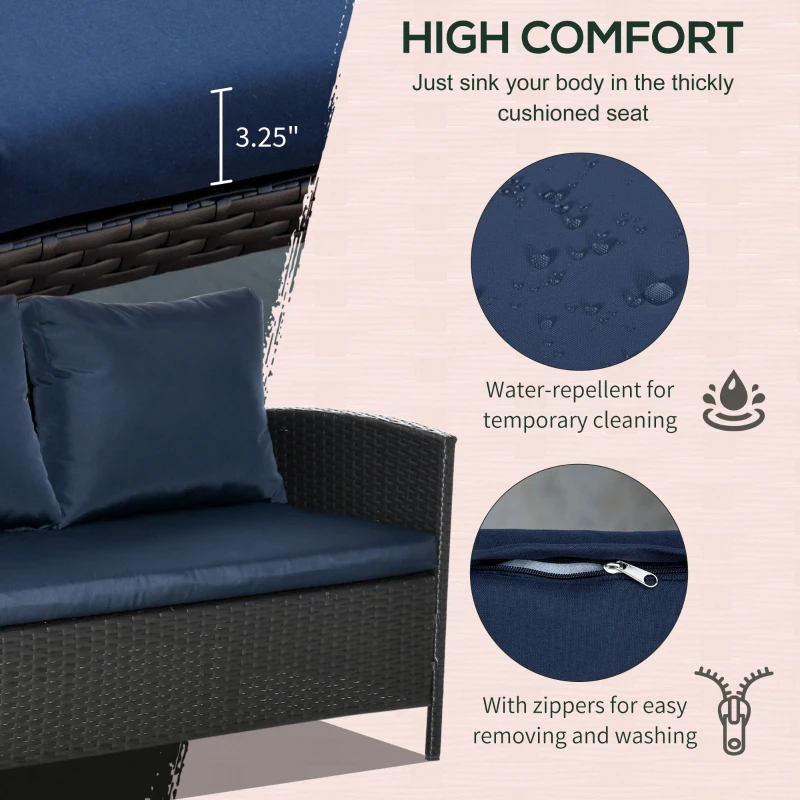 Outsunny 4 Pieces Patio Wicker Dining Sets, Outdoor PE Rattan Sectional Conversation Set with Cushions & Dining Table, Bench for Garden, Backyard, Lawn, Navy Blue