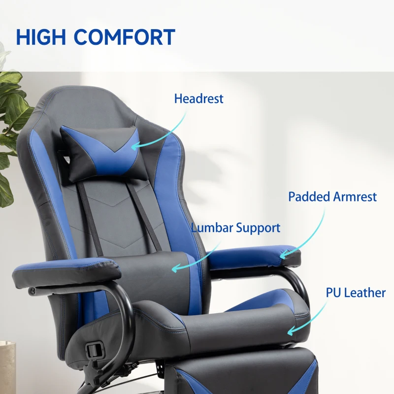 HOMCOM Gaming Recliner, Racing Style Video Gaming Chair with Adjustable Backrest and Footrest, High Back 360 Degree Swivel Computer Chair with Lumbar Support and Headrest, Blue