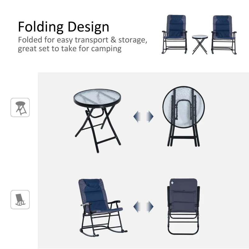Outsunny 3 Piece Outdoor Folding Rocking Chair and Table Set - Blue and Gray