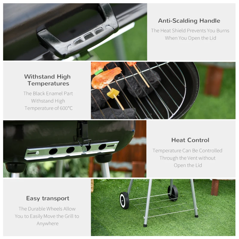 Outsunny 22" Charcoal Barbecue Grill with Portable Wheel, Side Tray and Lower Shelf for Outdoor BBQ for Garden, Backyard, Poolside