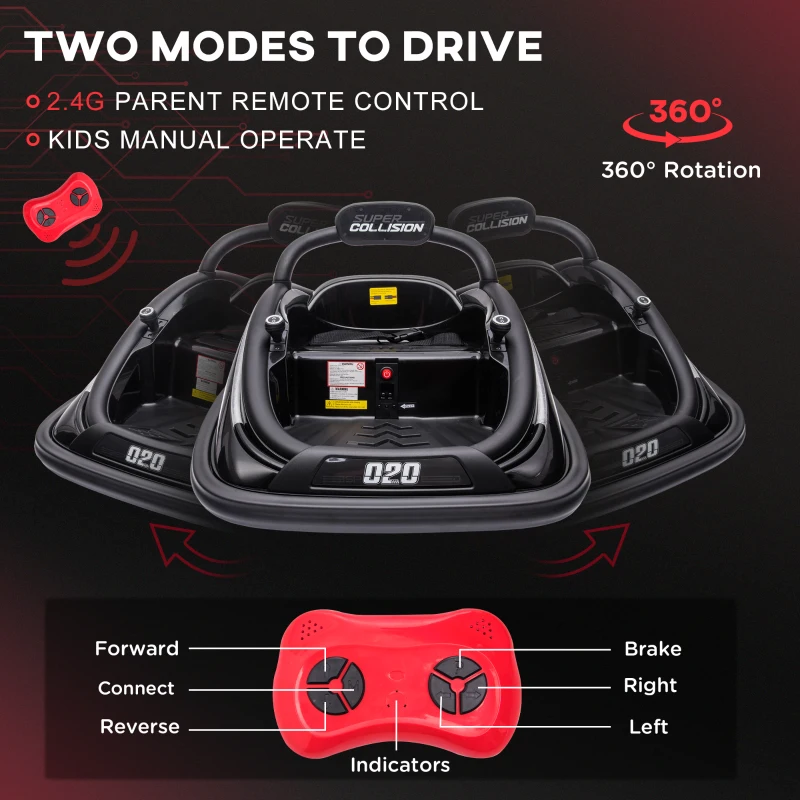 Aosom 12V Kids Bumper Car Twins Motor with Parent Remote Control, Safety Belt, Lights, 360° Rotation, Black