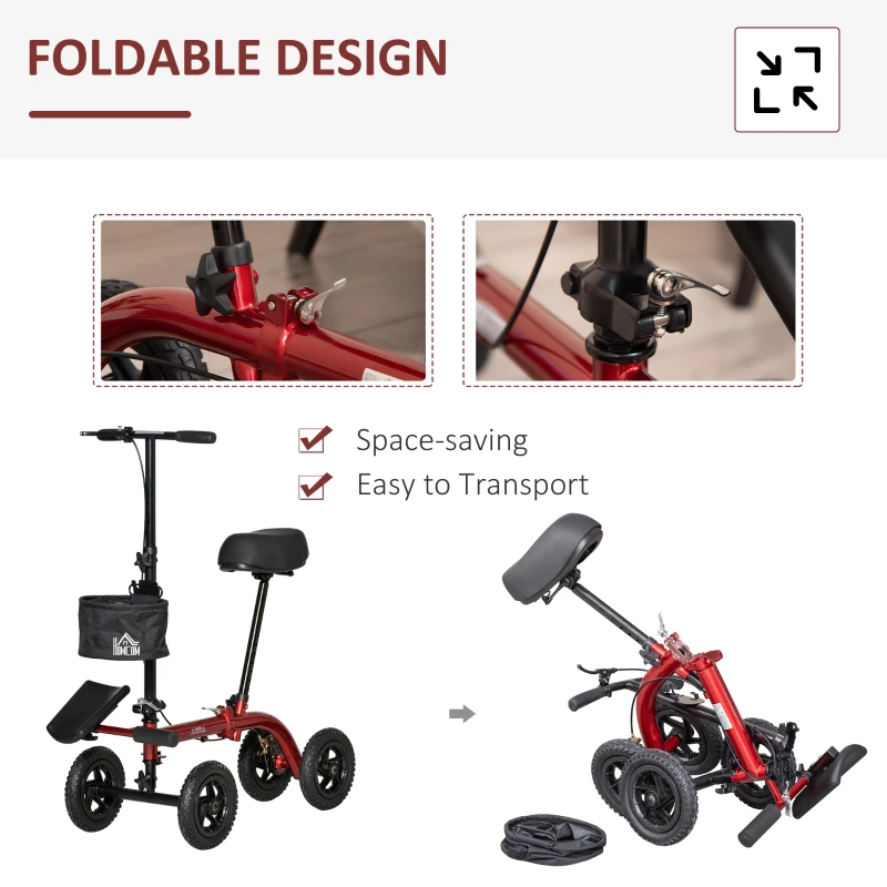 HOMCOM Seated Knee Walker, Foldable Steerable Medical Knee Scooter, Crutch Alternative with Braking System, Storage Bag for Foot Injuries, Red