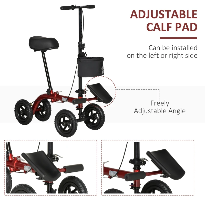 HOMCOM Seated Knee Walker, Foldable Steerable Medical Knee Scooter, Crutch Alternative with Braking System, Storage Bag for Foot Injuries, Red