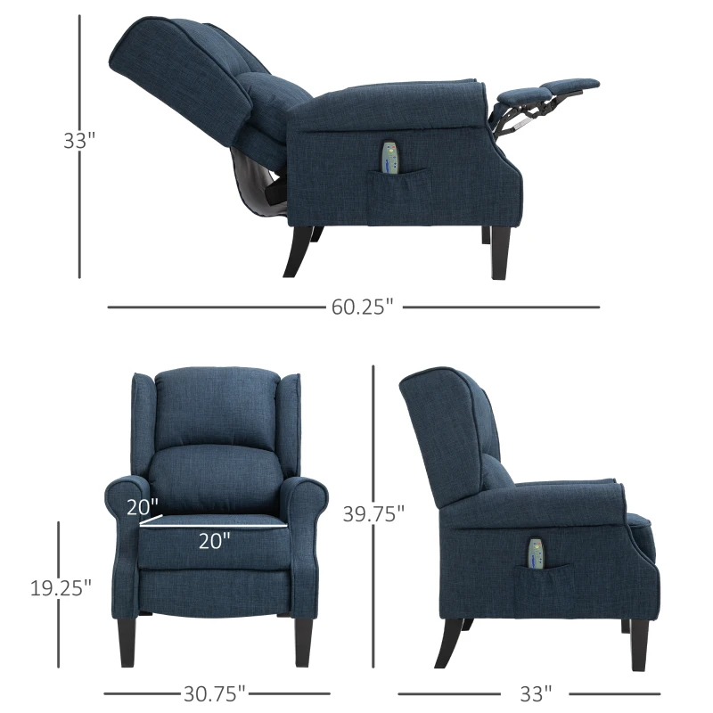 HOMCOM Wingback Heated Vibrating Accent Sofa, Vintage Upholstered Massage Recliner Chair Push-back with Remote Controller, Blue