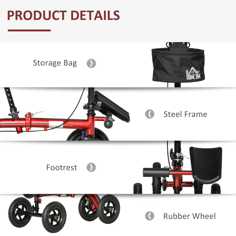 HOMCOM Seated Knee Walker, Foldable Steerable Medical Knee Scooter, Crutch Alternative with Braking System, Storage Bag for Foot Injuries, Red