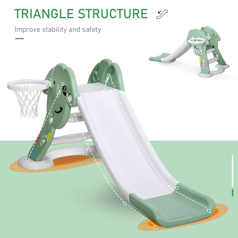 Qaba kids Slide for Indoor and Outdoor, Toddler Freestanding Slide Climber Toy for 18-48 Months Basketball Hoop, Ball and Inflator, Green