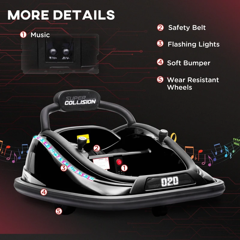 Aosom 12V Kids Bumper Car Twins Motor with Parent Remote Control, Safety Belt, Lights, 360° Rotation, Black