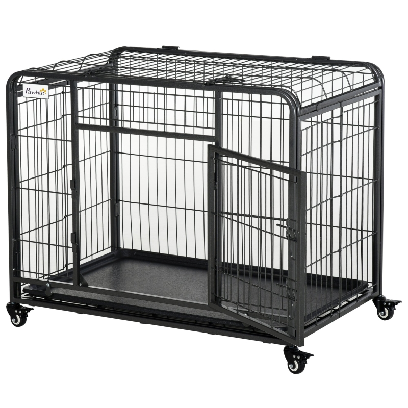 PawHut Heavy Duty Folding Design Metal Dog Crate & Kennel with Removable Tray & 4 Locking Wheels 49.25" x 30" x 32"