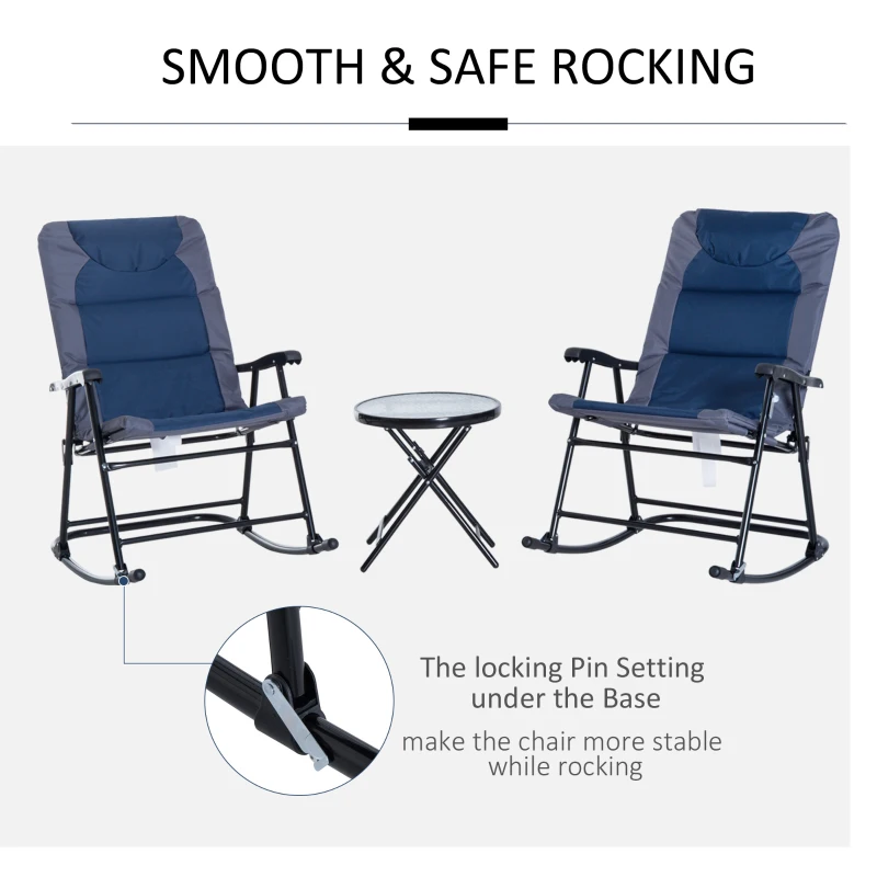 Outsunny 3 Piece Outdoor Folding Rocking Chair and Table Set - Blue and Gray