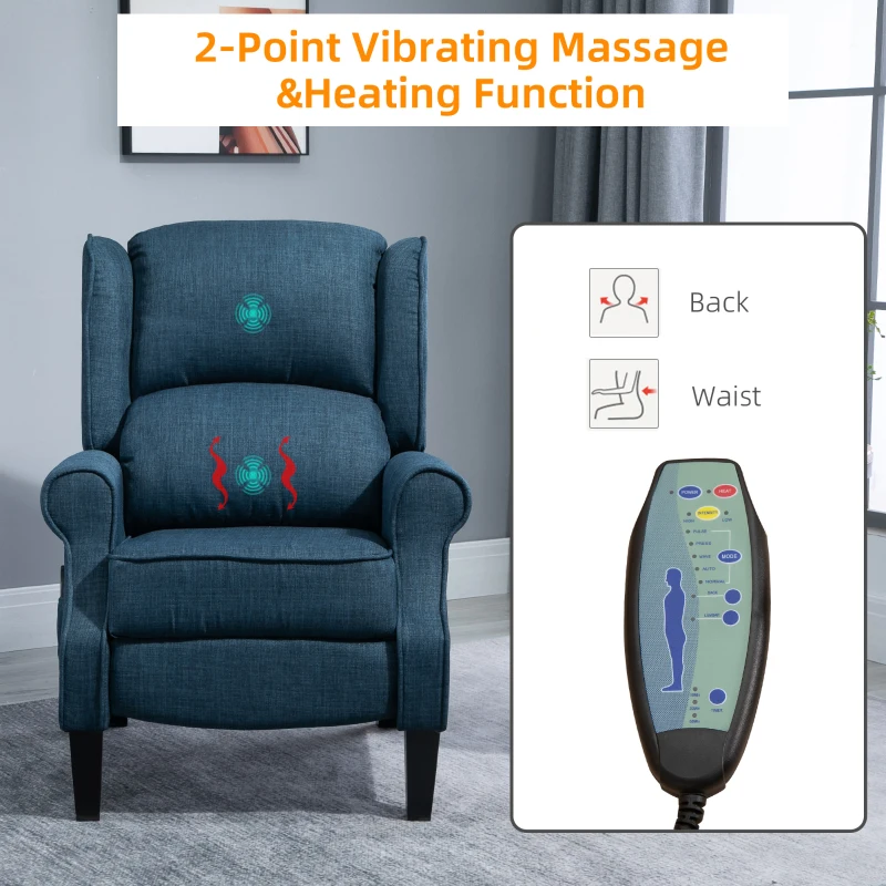 HOMCOM Wingback Heated Vibrating Accent Sofa, Vintage Upholstered Massage Recliner Chair Push-back with Remote Controller, Blue