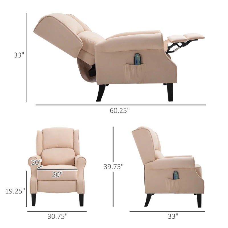 HOMCOM Vibration Massage Recliner Chair for Living Room with Heat,  Wingback Single Sofa, Modern Suede Fabric Push Back Reclining Chair with Footrest, Side Pocket, Beige