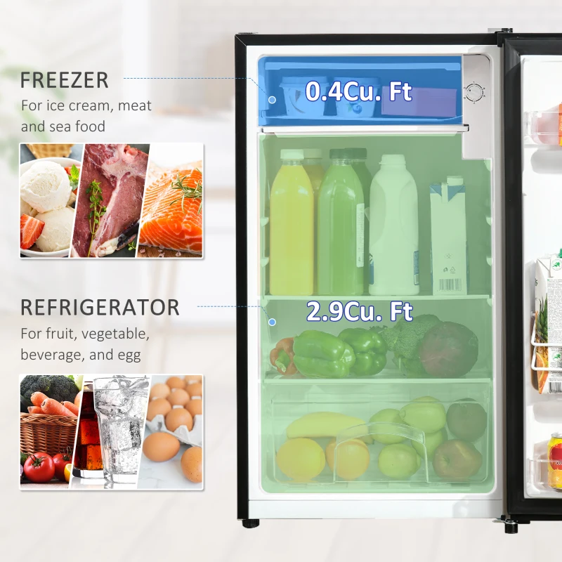 HOMCOM Mini Fridge with Freezer, Compact Mini Refrigerator with 3.3Cu Ft Capacity, Adjustable Shelves and Temperature and Reversible Door for Bedroom, Black/Silver