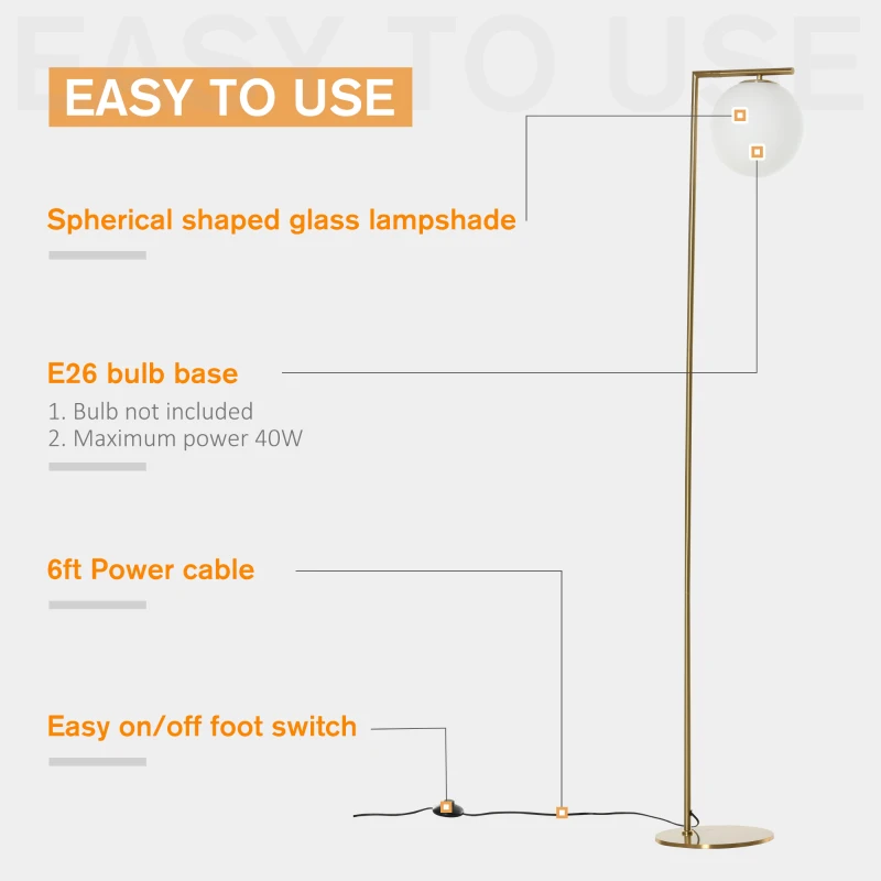 HOMCOM Metal Floor Lamp, Standing Light with 350° Adjustable Lampshade for Living Room, Bedroom, Office, Gold