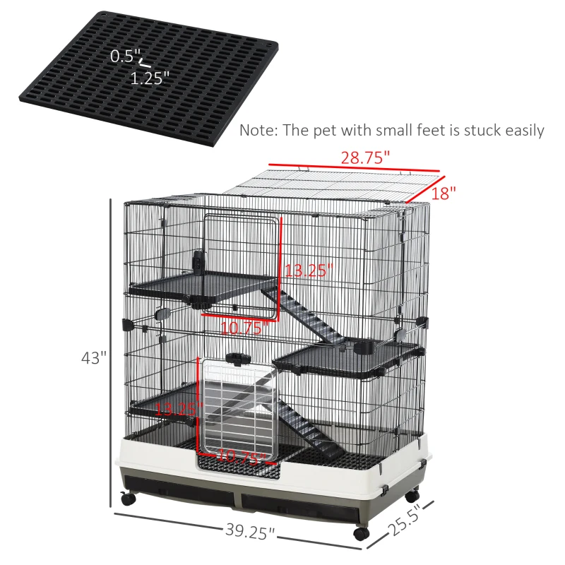PawHut 43" Small Animal Cage with Wheels, 4-Level Portable Bunny Cage, Chinchilla Ferret Cage with Removable Tray, Platform and Ramp