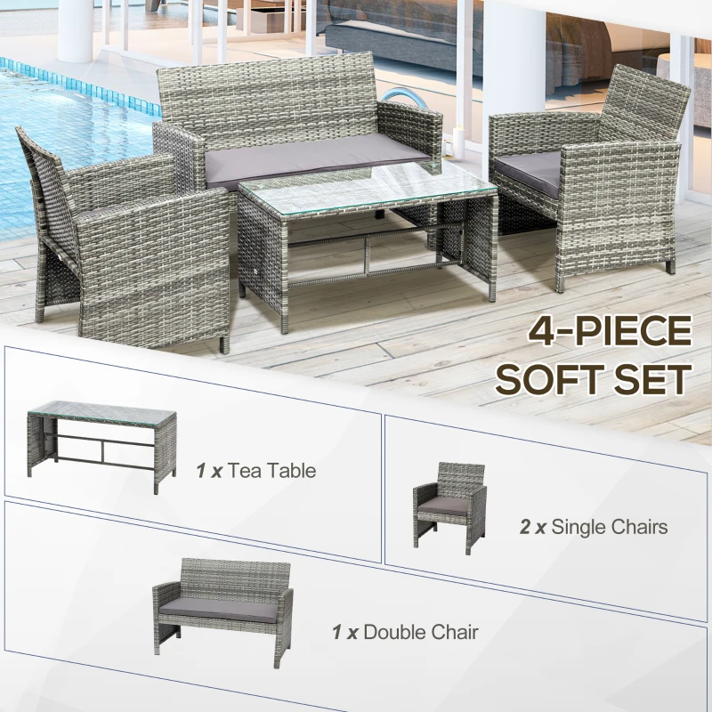 Outsunny 4pcs Wicker Outdoor Patio Furniture Set with Sofa and 2 Chairs, Rattan Conversation Sets with Soft Cushions, 1 Tempered Glass Table-Top Center Coffee Table for Backyard, Garden, Light Grey