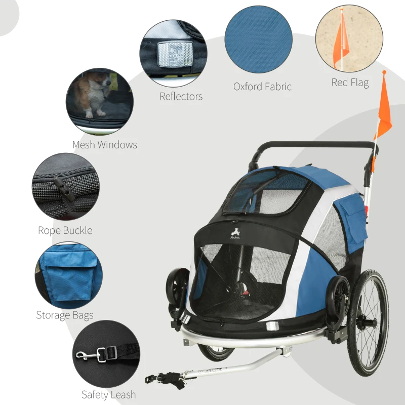 Aosom 2-in-1 Travel Dog Stroller, Small Pet Bicycle Cart Carrier with Safety Leash, and Easy Fold Design, Dark Blue